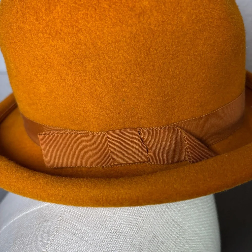 Vintage Union Made Wool Felt Bowler Derby Hat Burnt Orange Grosgrain Ribbon Bow - Picture 9 of 10